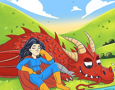 Strong Judi children's book illustration featuring a girl and a red dragon
